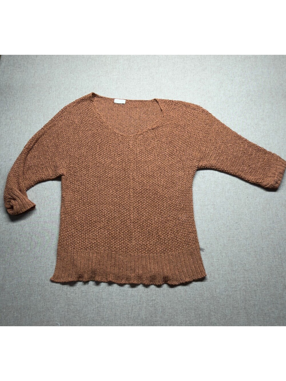 Promesa Womens Small Rust Brown Open Knit V Neck Sweater Oversized Boho Pullover